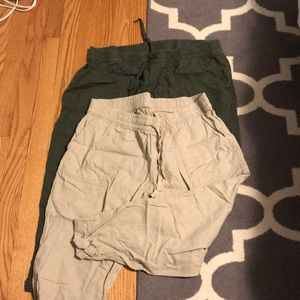 Cream and green linen ankle pants